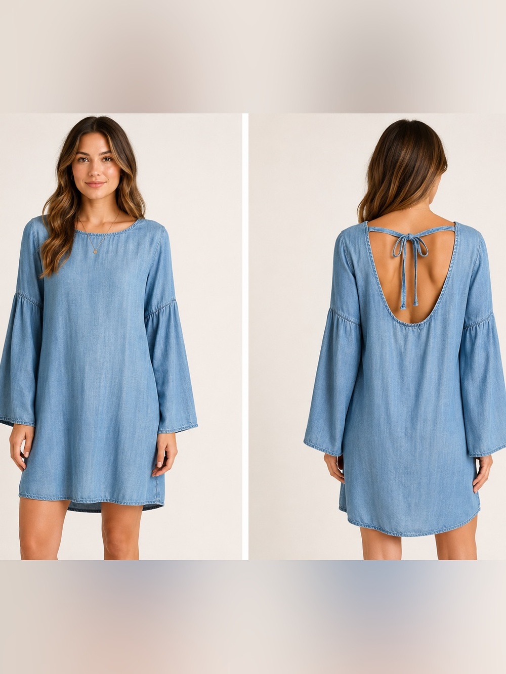 Anthropologie Cloth & Stone Chambray Bell Sleeve Tie Back Shift Dress S